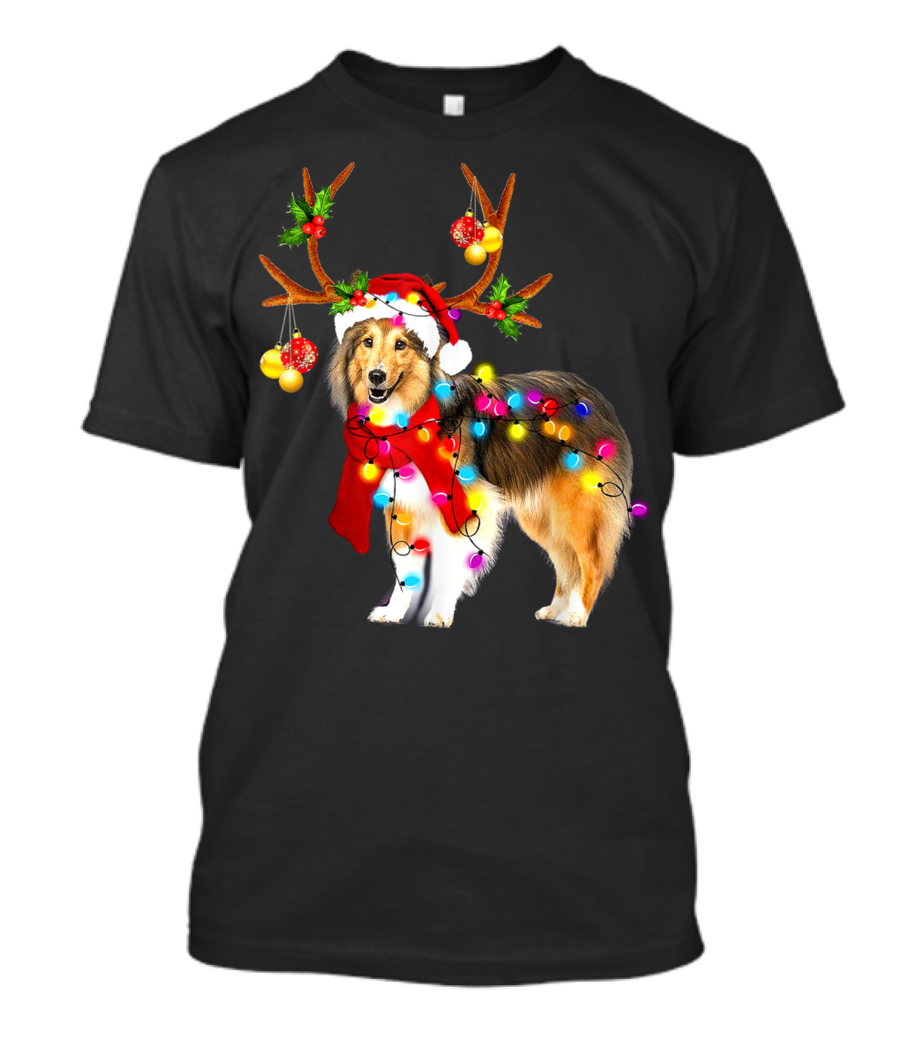Christmas Sheltie Dog In Santa Hat With Reindeer Antlers And Colorful String Lights T-Shirt