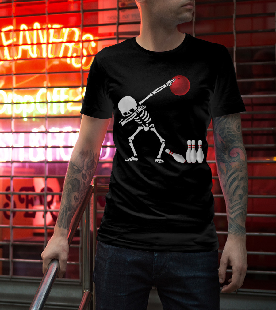Skeleton Bowler Dabbing With Red Bowling Ball And Pins Fun Bones Lover T-Shirt