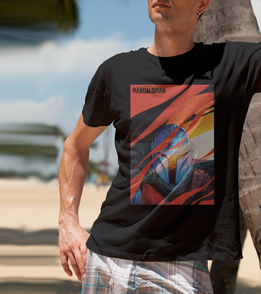 Star Wars The Mandalorian Helmet With Red And Orange Abstract Waves T-Shirt