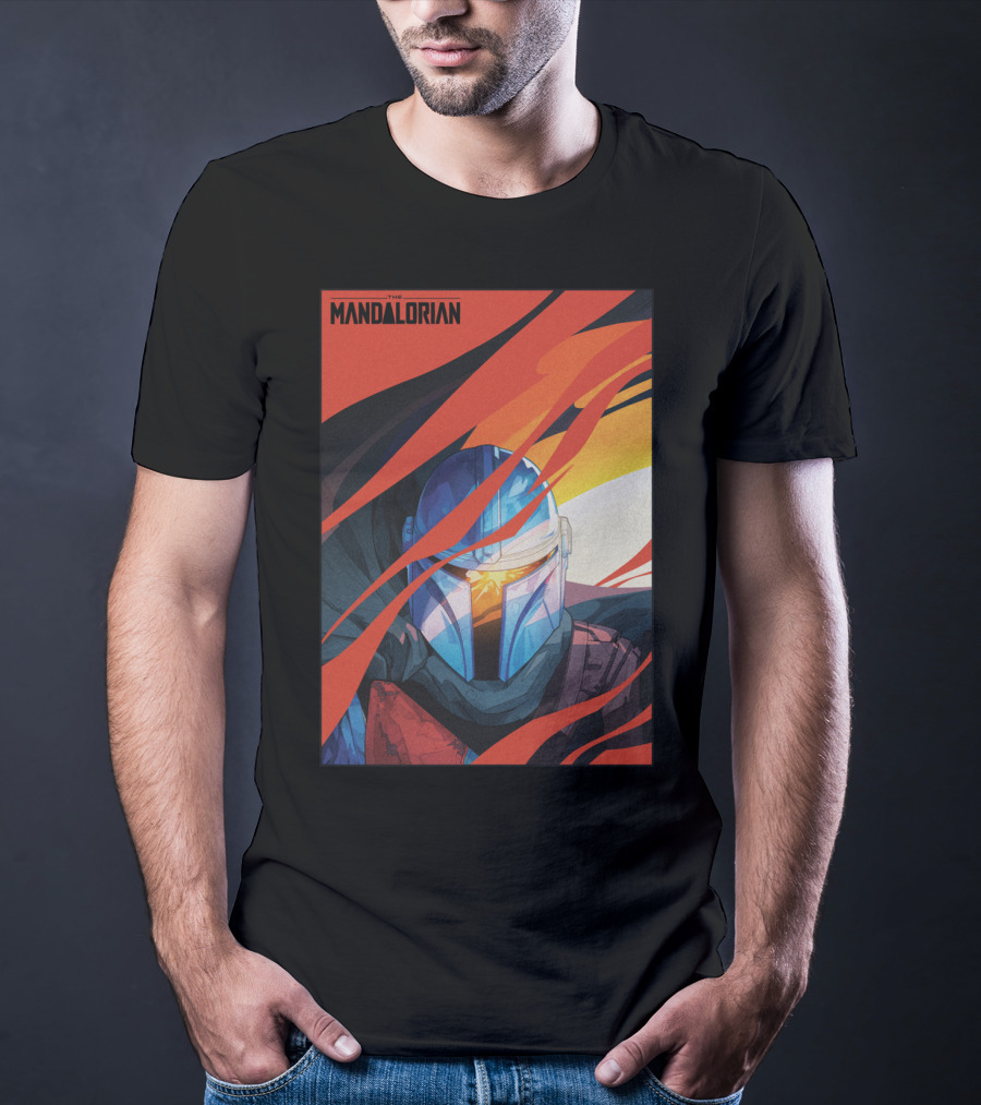 Star Wars The Mandalorian Helmet With Red And Orange Abstract Waves T-Shirt