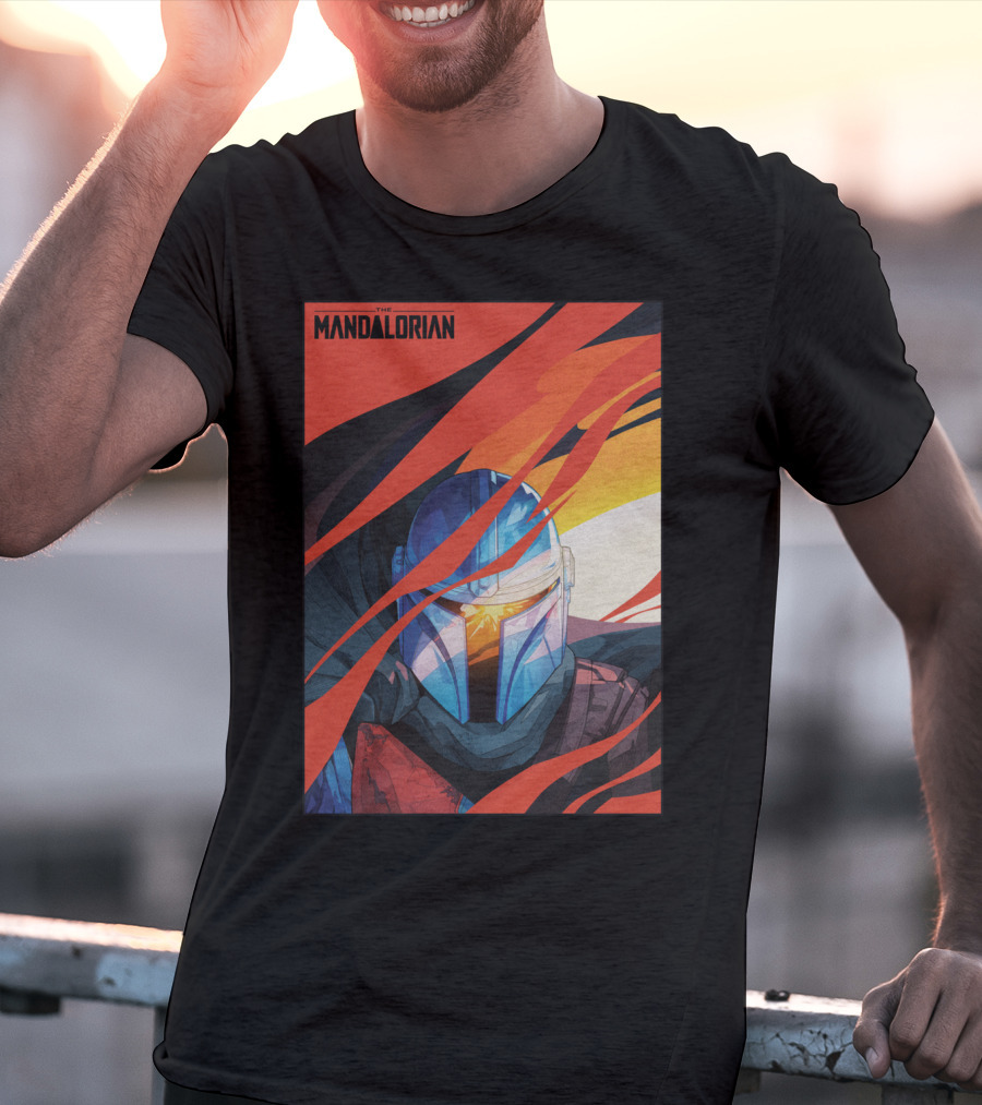 Star Wars The Mandalorian Helmet With Red And Orange Abstract Waves T-Shirt