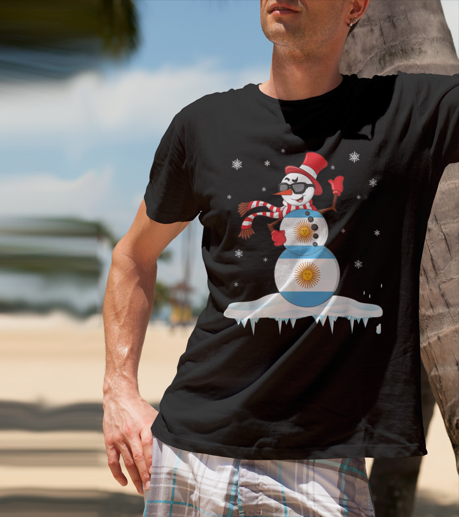 Argentinian Flag Snowman Dancing In Sunglasses Merry Winter T-Shirt
