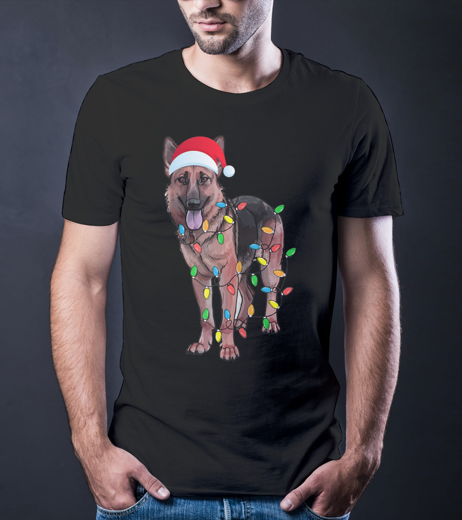 Christmas German Shepherd Dog Santa Hat Wrapped In Lights T-Shirt
