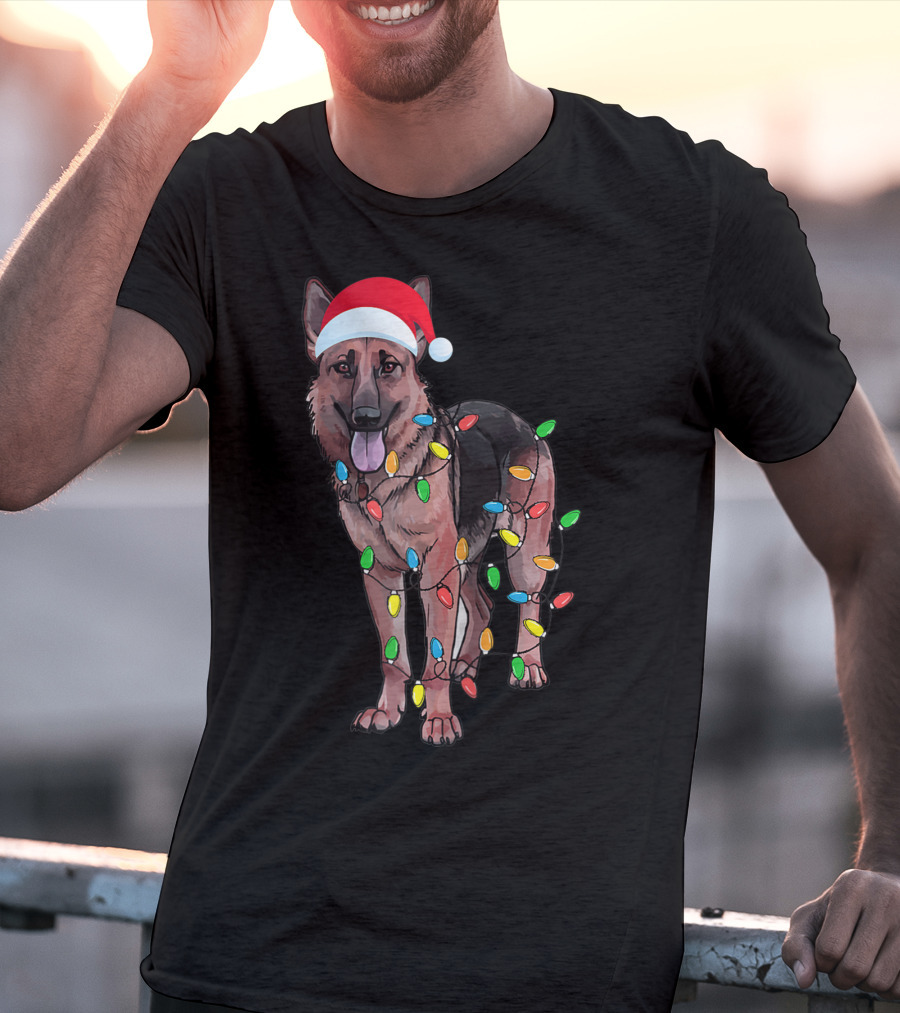 Christmas German Shepherd Dog Santa Hat Wrapped In Lights T-Shirt