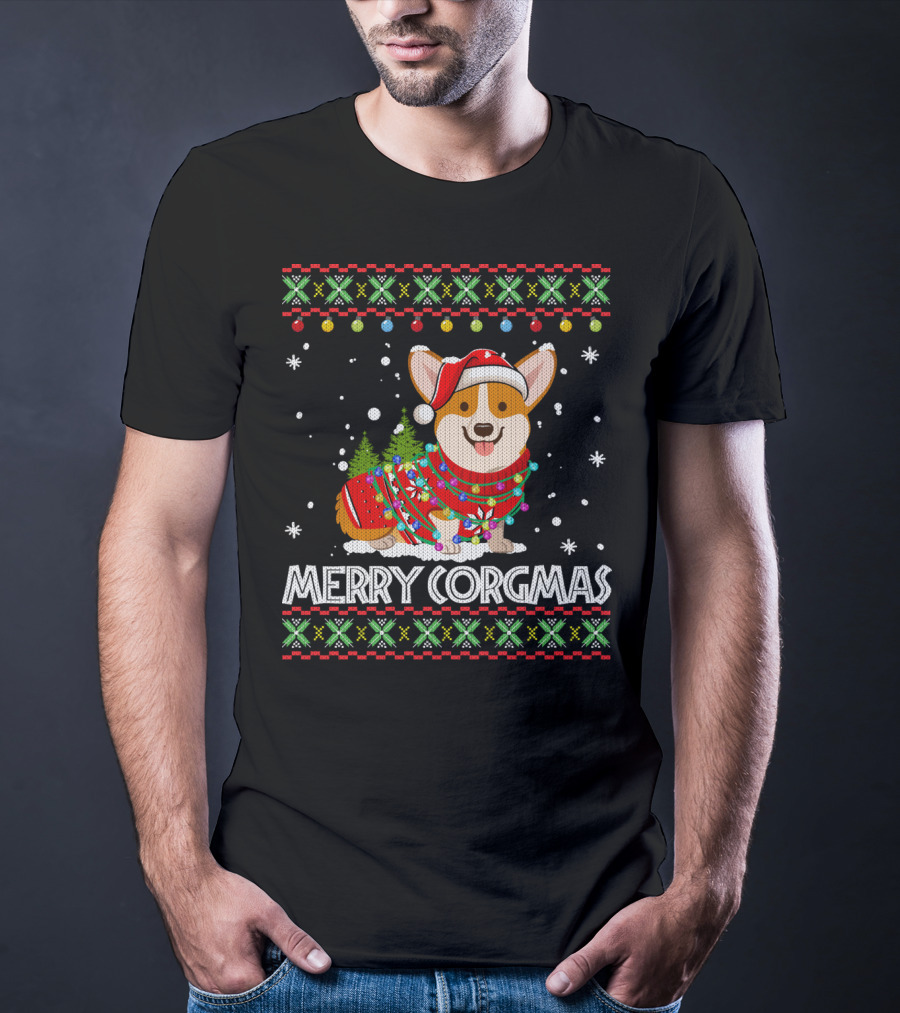Merry Corgmas Corgi Dog Santa Hat Christmas Tree Lights Sweater Snowflakes T-Shirt