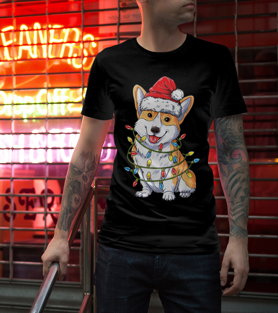 Corgi Santa Hat Wrapped In Christmas Tree Lights T-Shirt