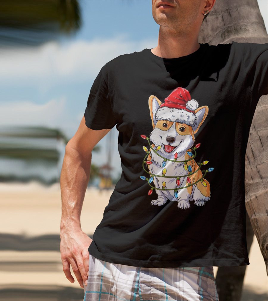 Corgi Santa Hat Wrapped In Christmas Tree Lights T-Shirt