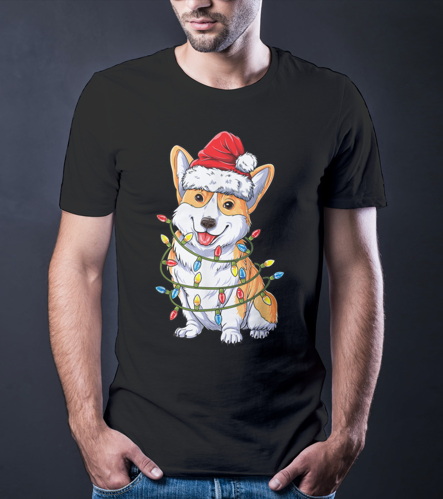 Corgi Santa Hat Wrapped In Christmas Tree Lights T-Shirt