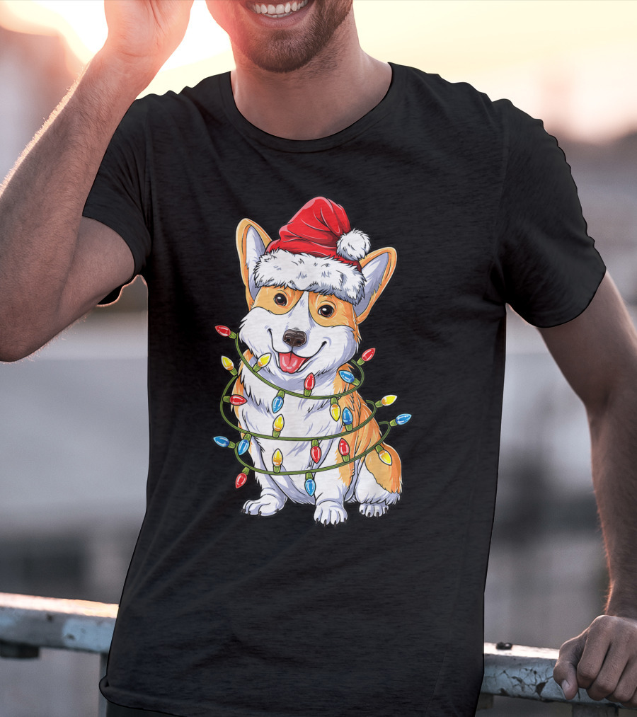 Corgi Santa Hat Wrapped In Christmas Tree Lights T-Shirt