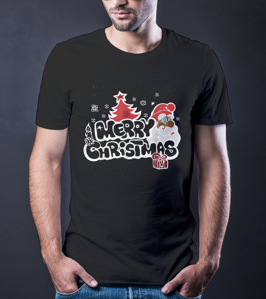 Merry Christmas Santa Red Tree Gift Black Holiday T-Shirt