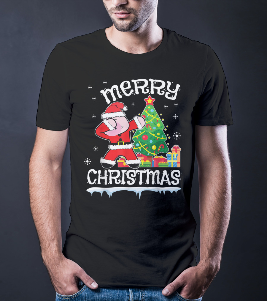 Merry Christmas Pig Dabbing By Noel Presents Tree Snow T-Shirt