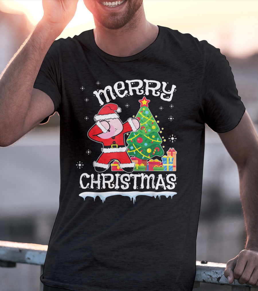 Merry Christmas Pig Dabbing By Noel Presents Tree Snow T-Shirt