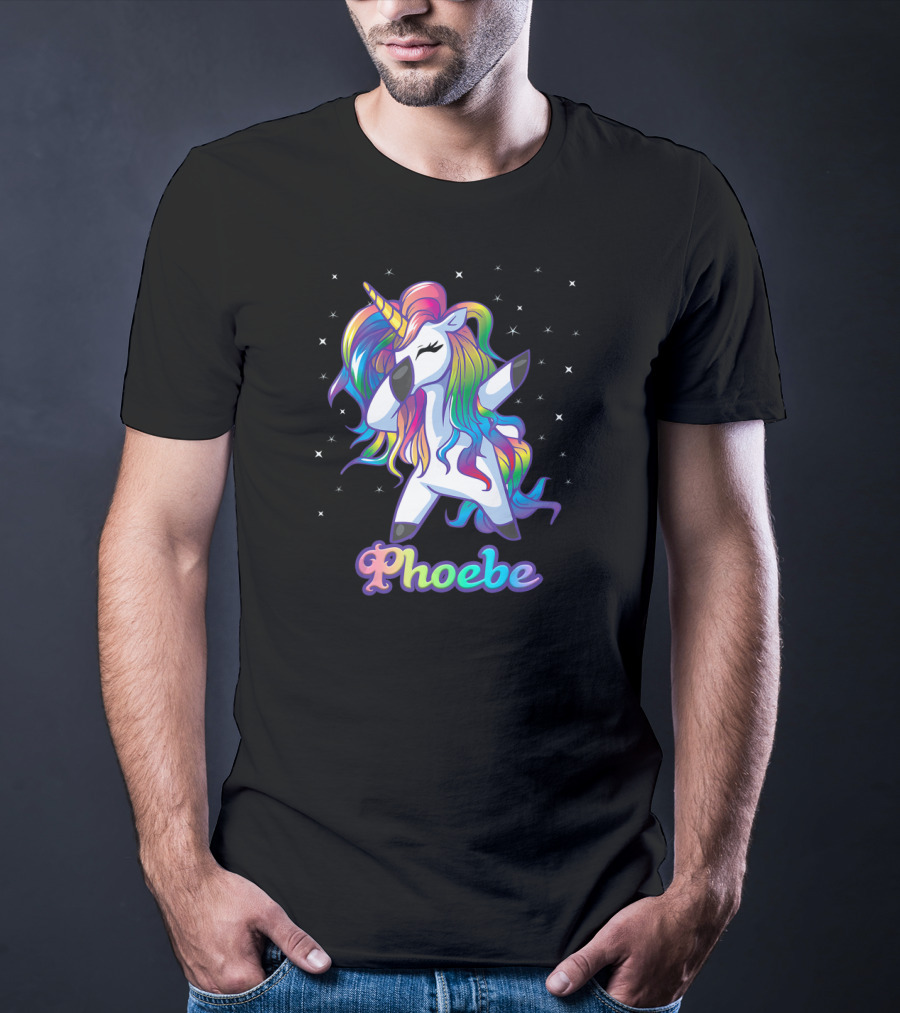 Phoebe Name Personalized Rainbow Unicorn Dabbing Stars T-Shirt