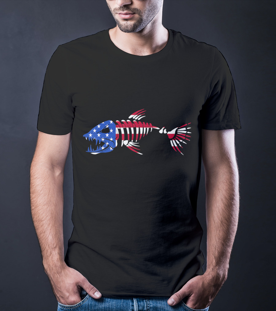 Patriotic Fish Skeleton With American Flag Colors T-Shirt