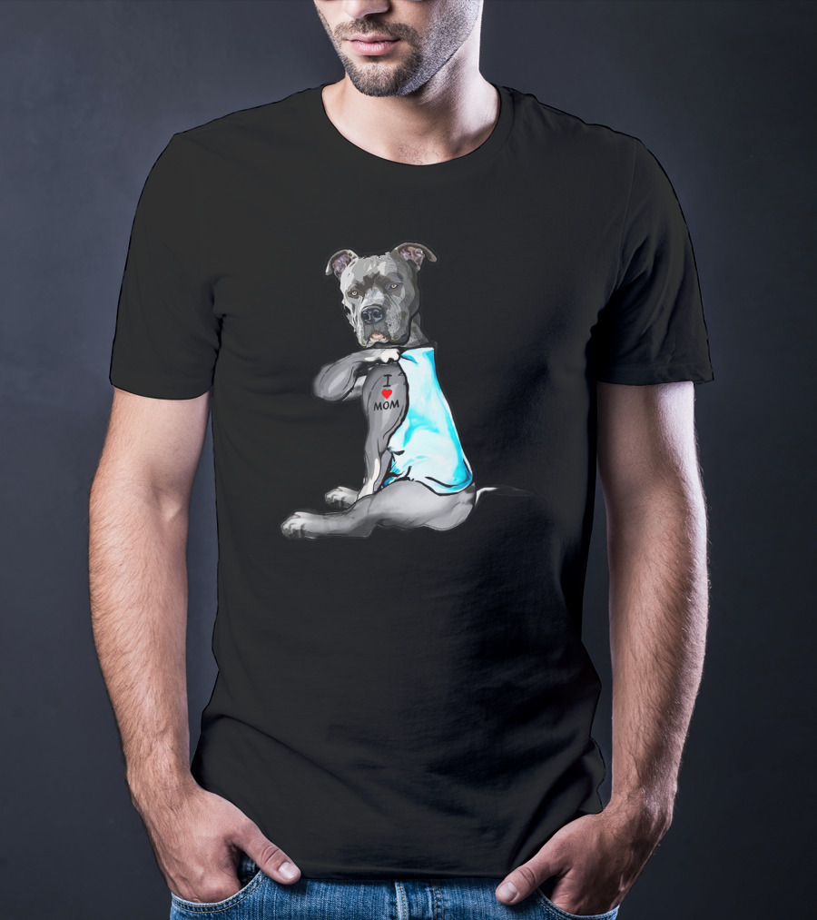 Pitbull Dog I Love Mom Tattoo T-Shirt