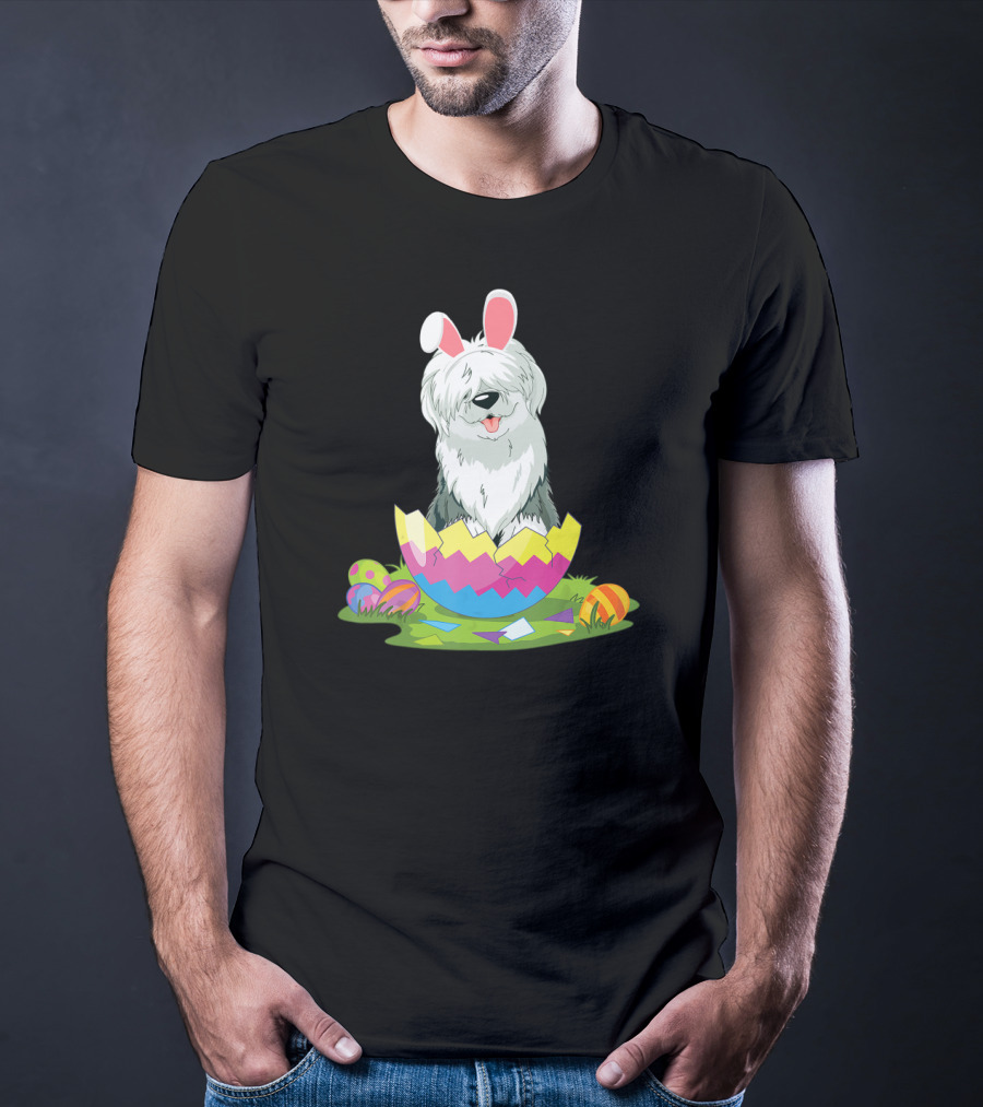 Old English Sheepdog Bunny Ears Easter Egg Scene T-Shirt