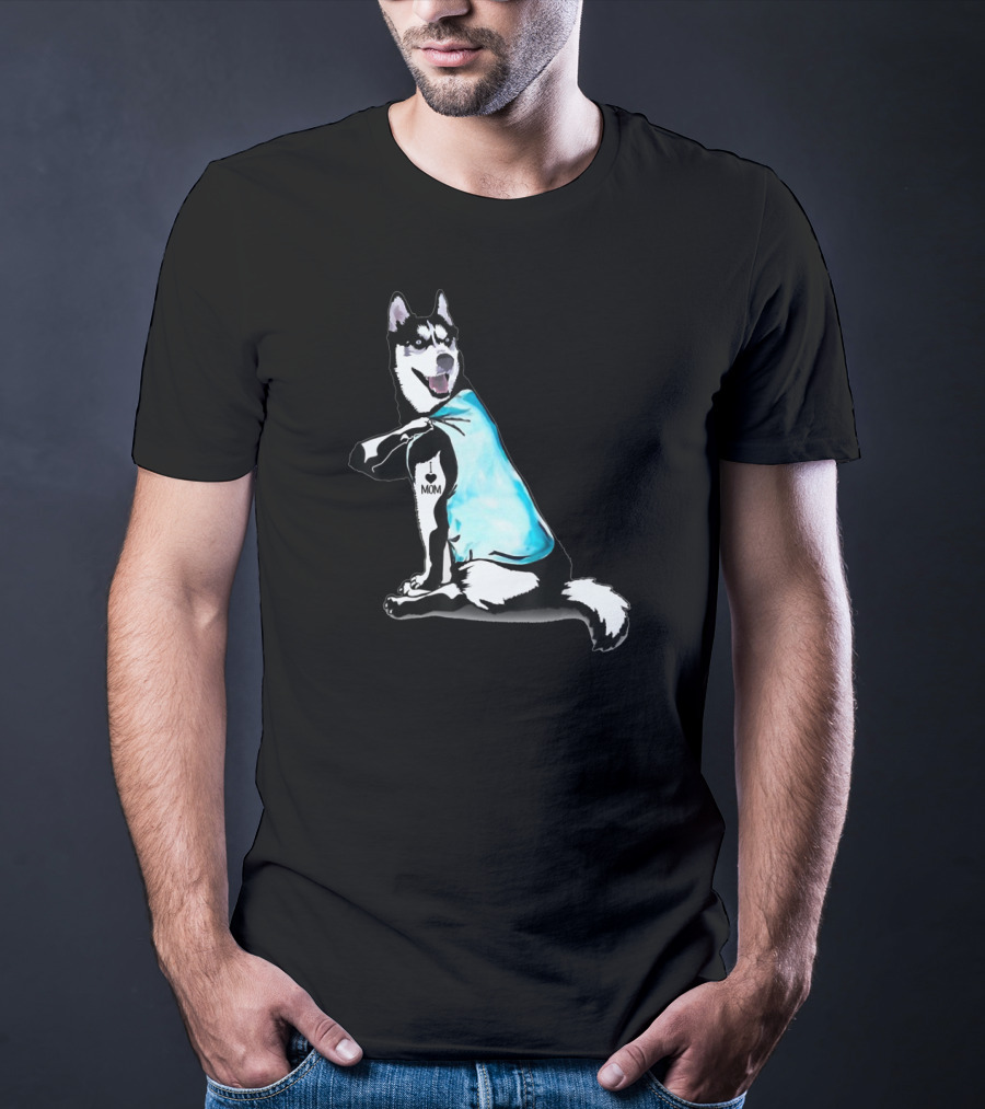 Siberian Husky I Love Mom Tattoo Blue T-Shirt