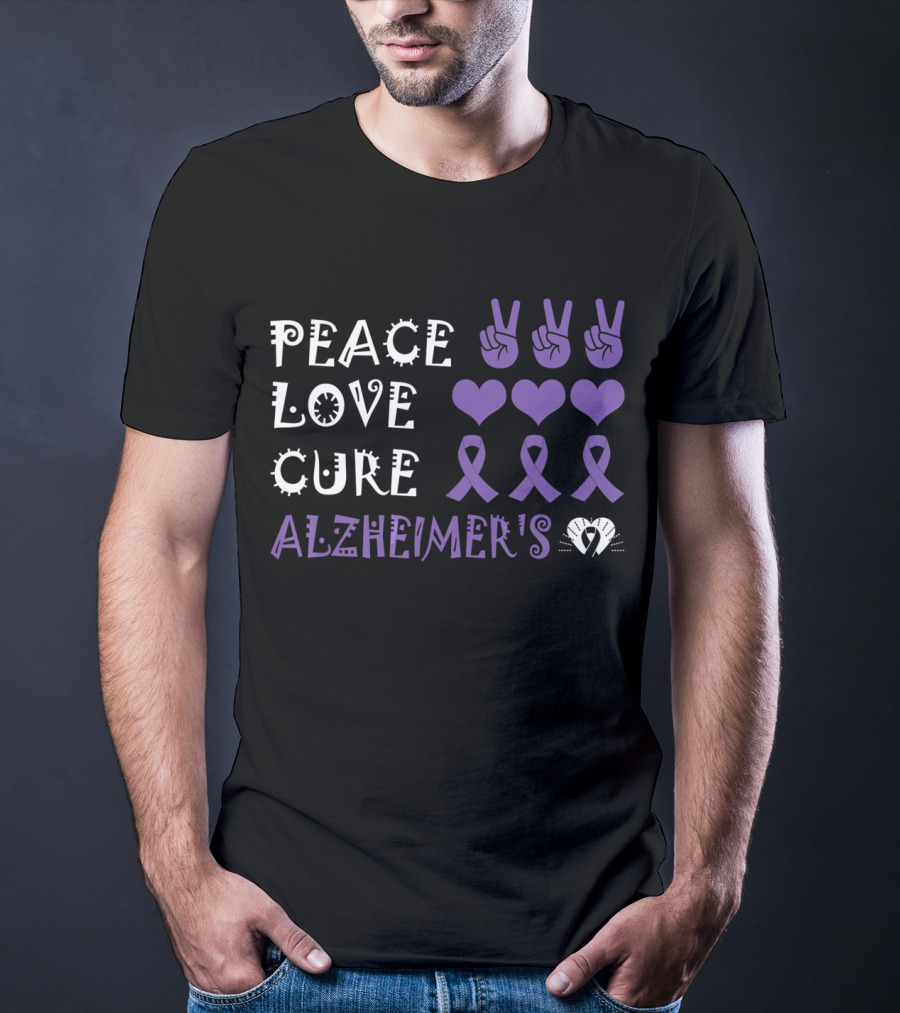 Peace Love Cure Alzheimer's Purple Ribbons Hearts And Peace Signs T-Shirt