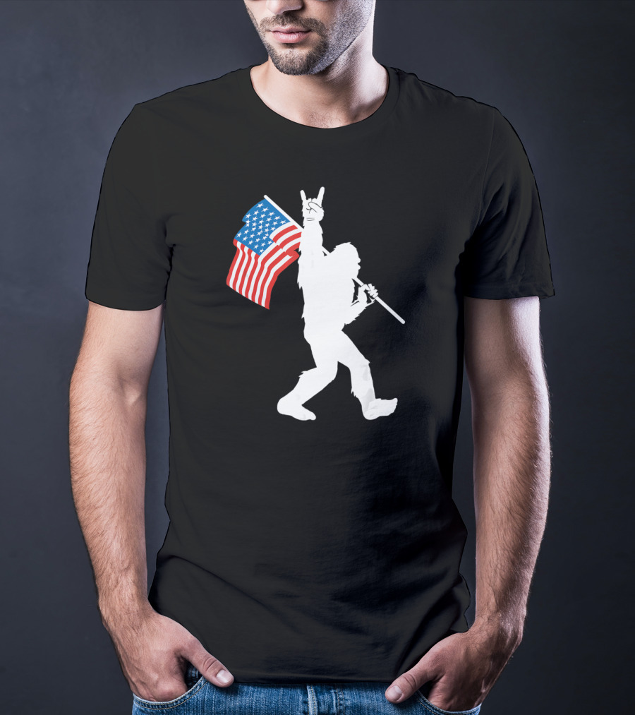 Bigfoot Rock Roll USA Flag Sasquatch Rock And Roll Gesture T-Shirt