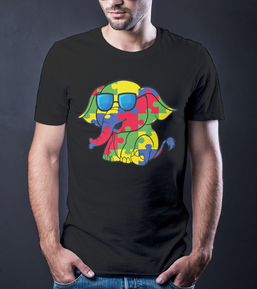 Autism Awareness Puzzle Pattern Elephant With Sunglasses T-Shirt