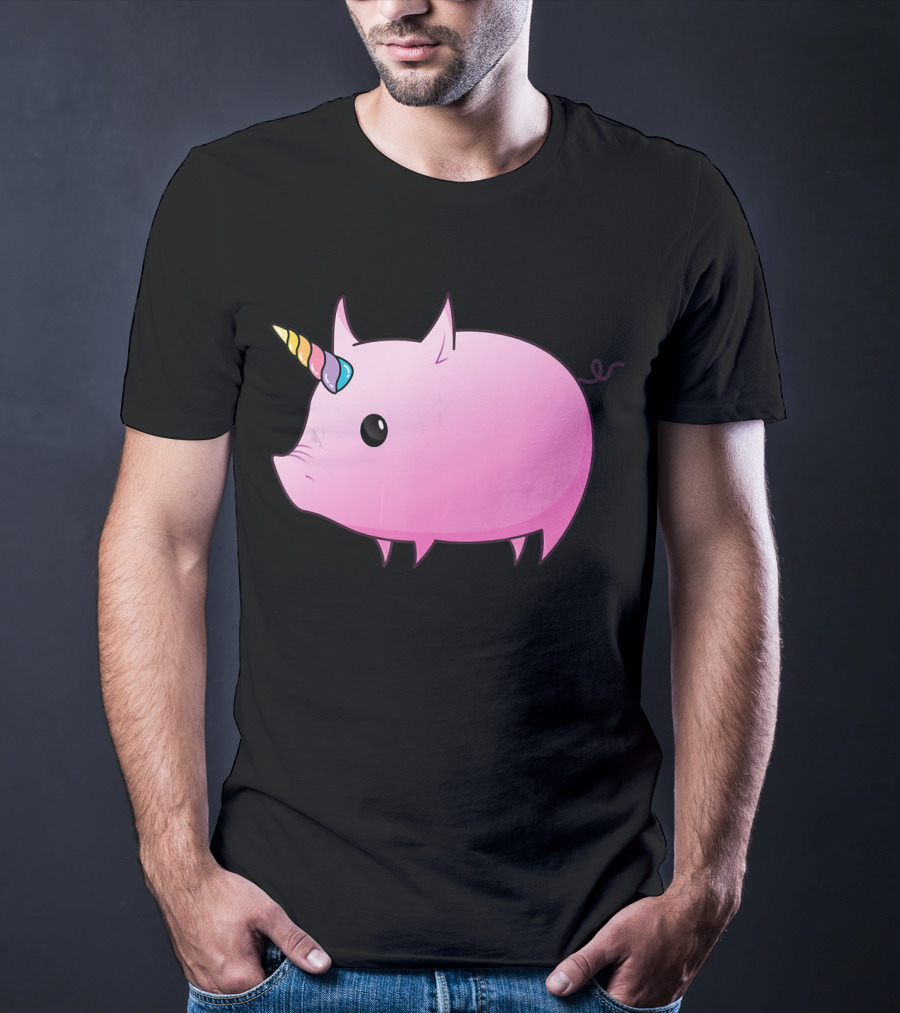 Unicorn Pig Rainbow Horn Adorable Cartoon Character T-Shirt
