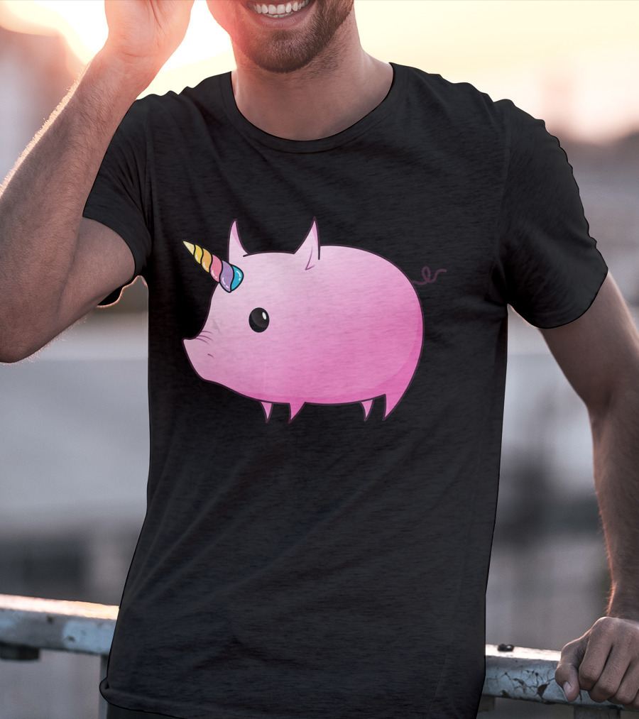 Unicorn Pig Rainbow Horn Adorable Cartoon Character T-Shirt