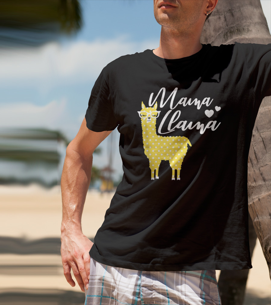 Mama Llama Yellow Polka Dots With Glasses And Hearts T-Shirt