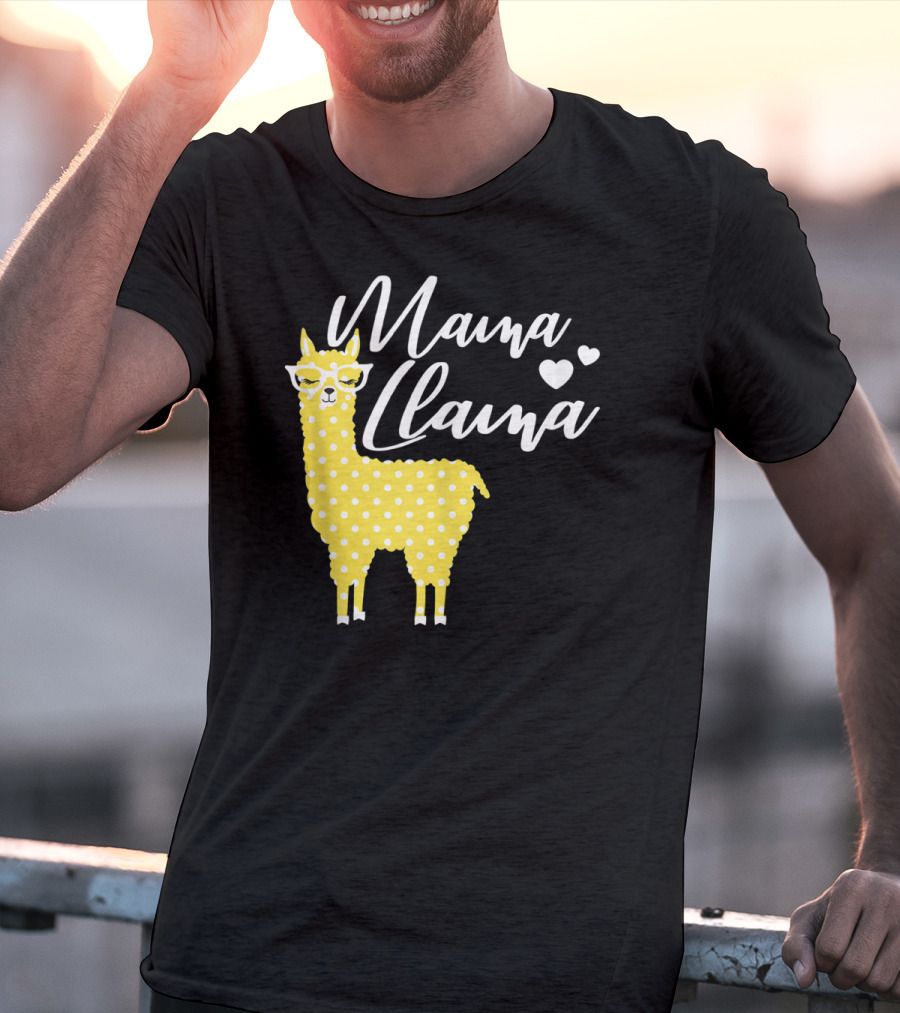 Mama Llama Yellow Polka Dots With Glasses And Hearts T-Shirt
