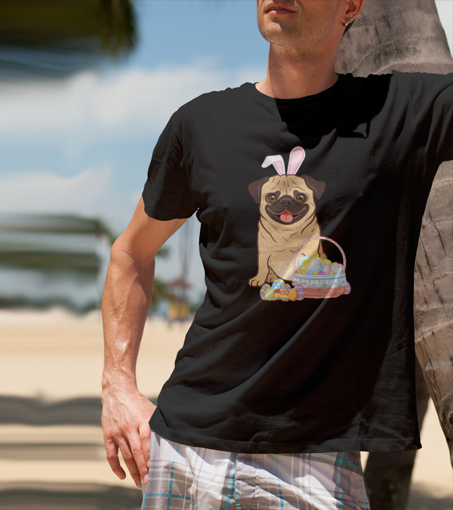 Pug Wearing Bunny Ears With Easter Egg Basket T-Shirt