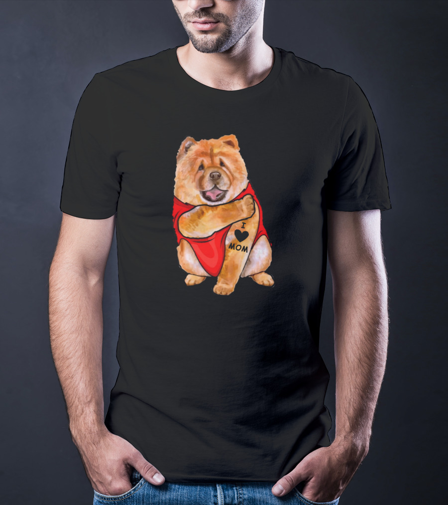 Tattoo I Love Mom Chow Chow Dog In Red T-Shirt
