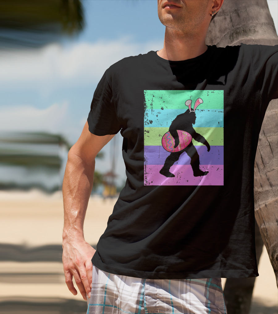 Retro Bigfoot Easter Bunny With Egg Rainbow Stripes T-Shirt