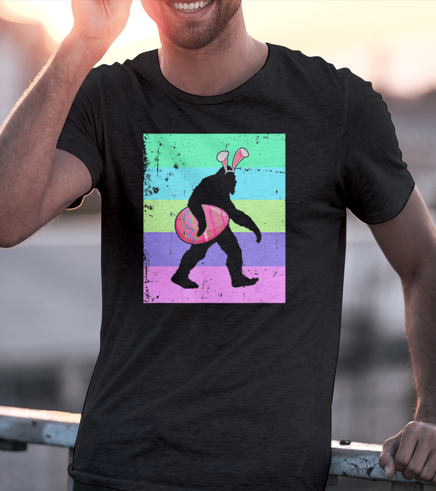 Retro Bigfoot Easter Bunny With Egg Rainbow Stripes T-Shirt