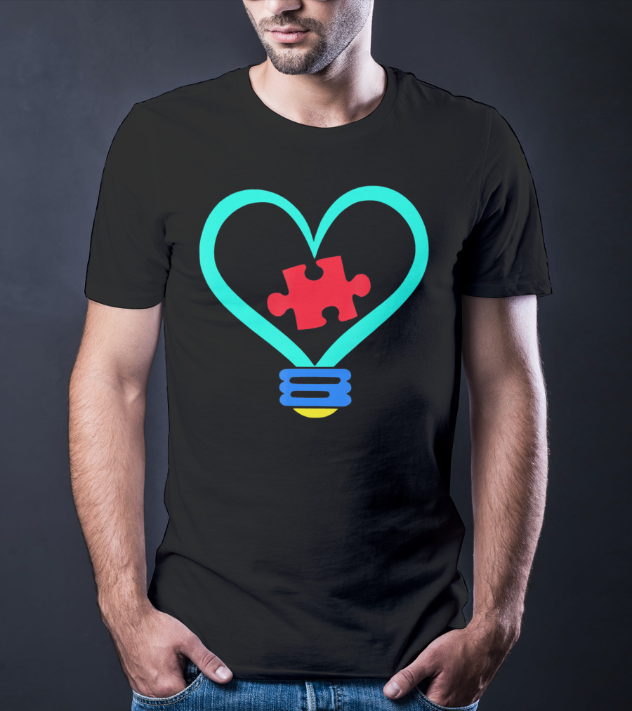 Lightbulb With Heart And Autism Puzzle Piece T-Shirt