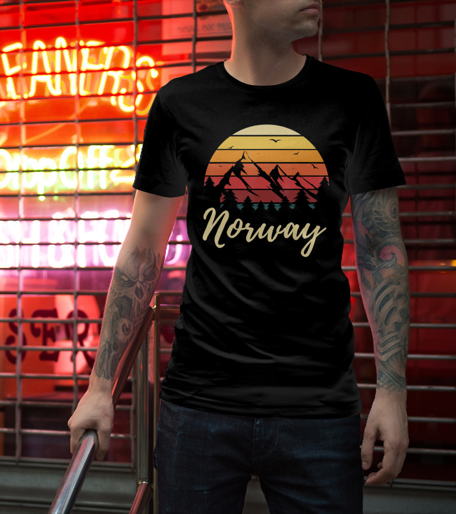Retro Norway Mountain Sunset Landscape With Pine Trees And Birds T-Shirt