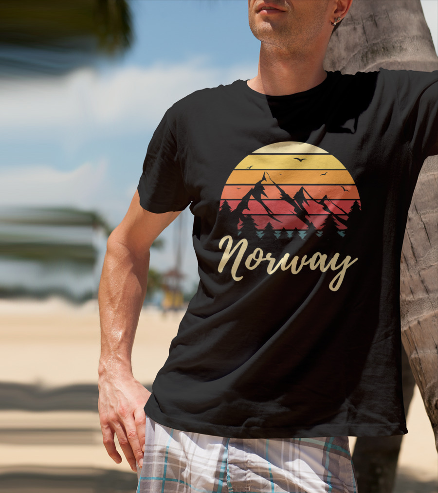 Retro Norway Mountain Sunset Landscape With Pine Trees And Birds T-Shirt
