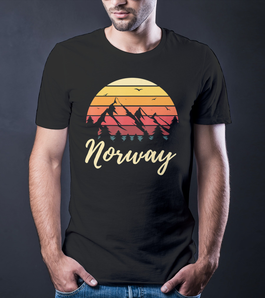 Retro Norway Mountain Sunset Landscape With Pine Trees And Birds T-Shirt