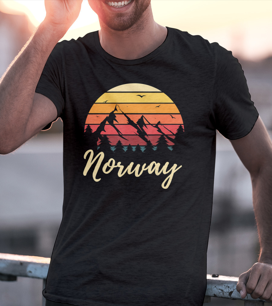 Retro Norway Mountain Sunset Landscape With Pine Trees And Birds T-Shirt