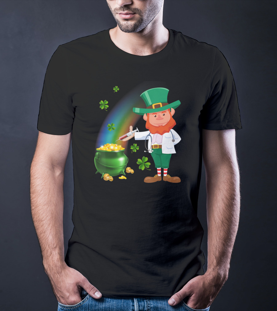 Leprechaun With Stethoscope And Syringe By Pot Of Gold And Rainbow T-Shirt
