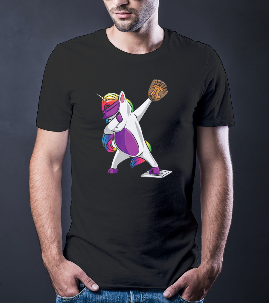 Pi Day Baseball Dabbing Unicorn Rainbow Glove T-Shirt