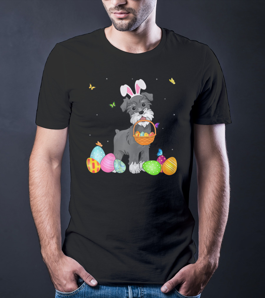 Bunny Schnauzer With Basket And Eggs Easter Day T-Shirt