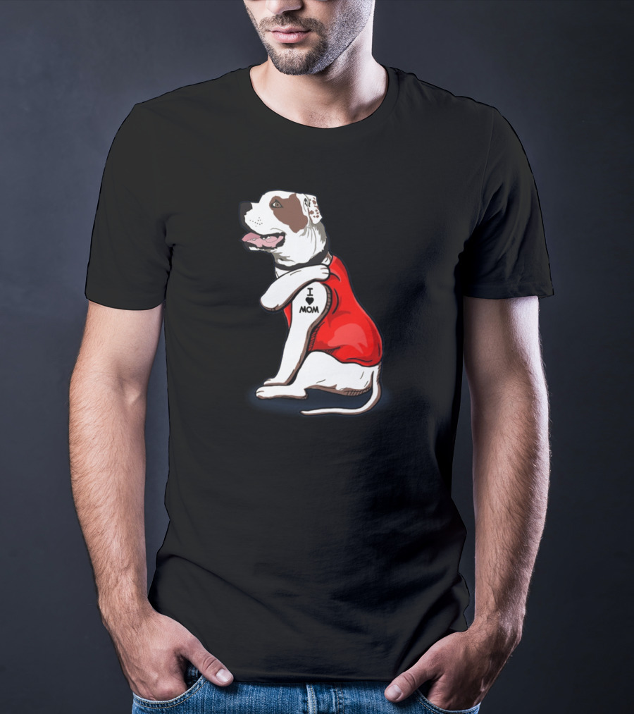 American Bulldog Wearing I Love Mom Tattoo Paw Sleeve T-Shirt
