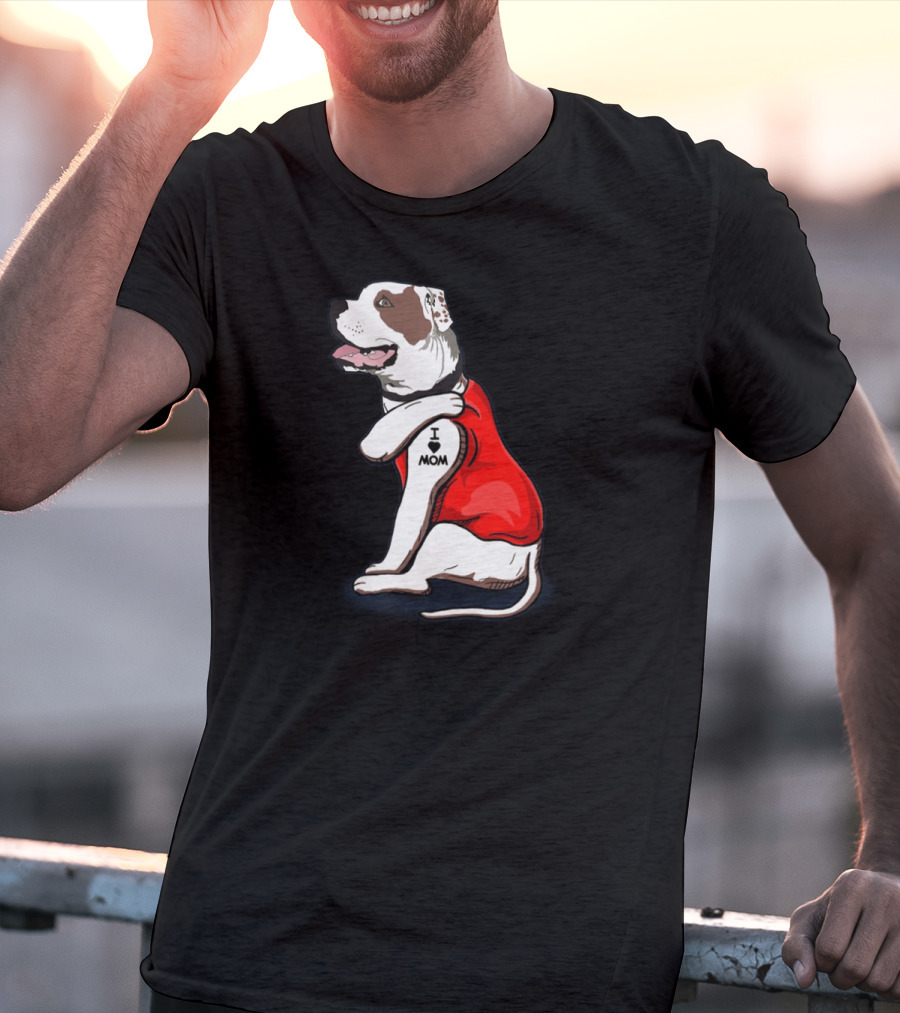 American Bulldog Wearing I Love Mom Tattoo Paw Sleeve T-Shirt