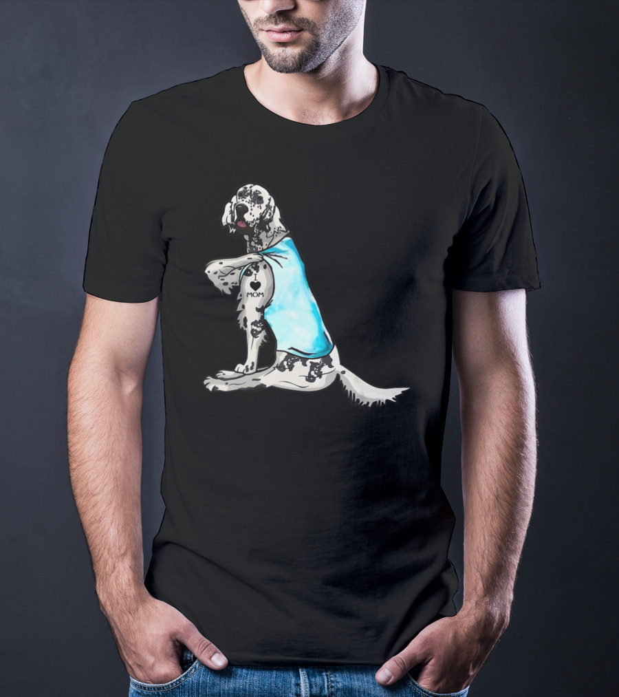 English Setter With I Love Mom Tattoo And Blue Bandana T-Shirt