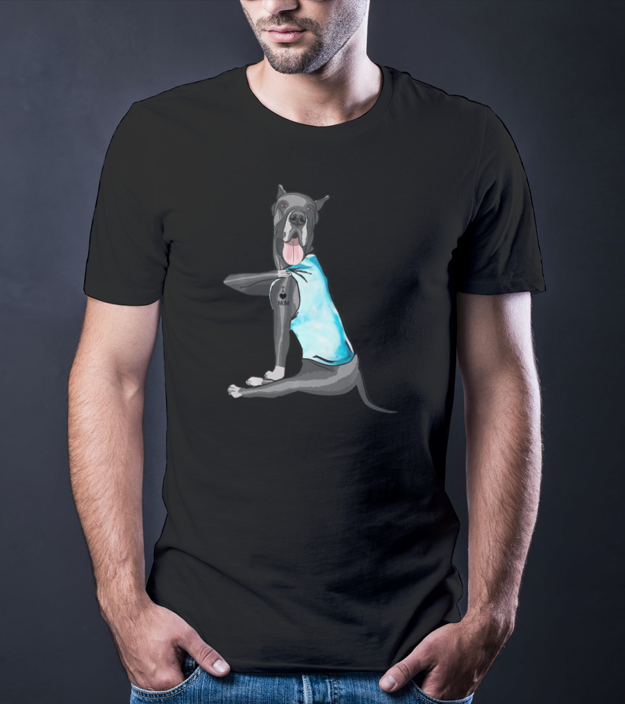 Great Dane I Love Mom Tattoo Dog In Blue Vest T-Shirt