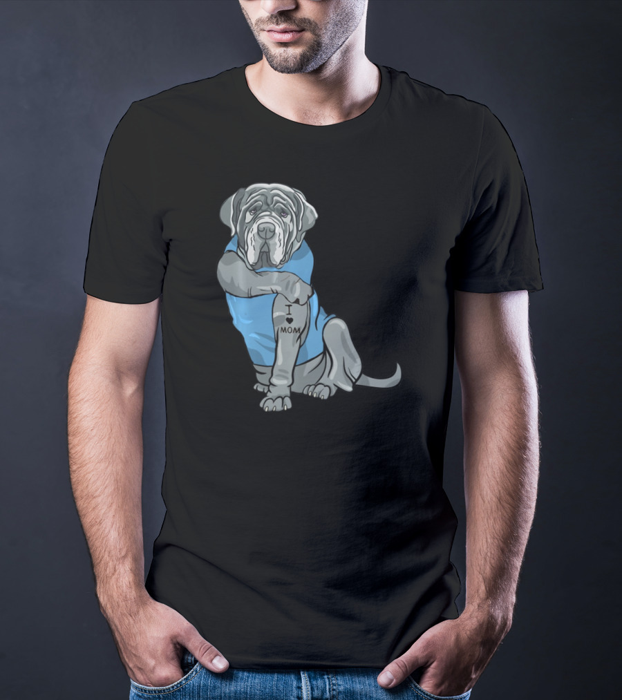 Neapolitan Mastiff I Love Mom Tattoo Dog Wearing Blue T-Shirt