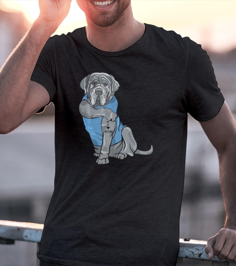 Neapolitan Mastiff I Love Mom Tattoo Dog Wearing Blue T-Shirt