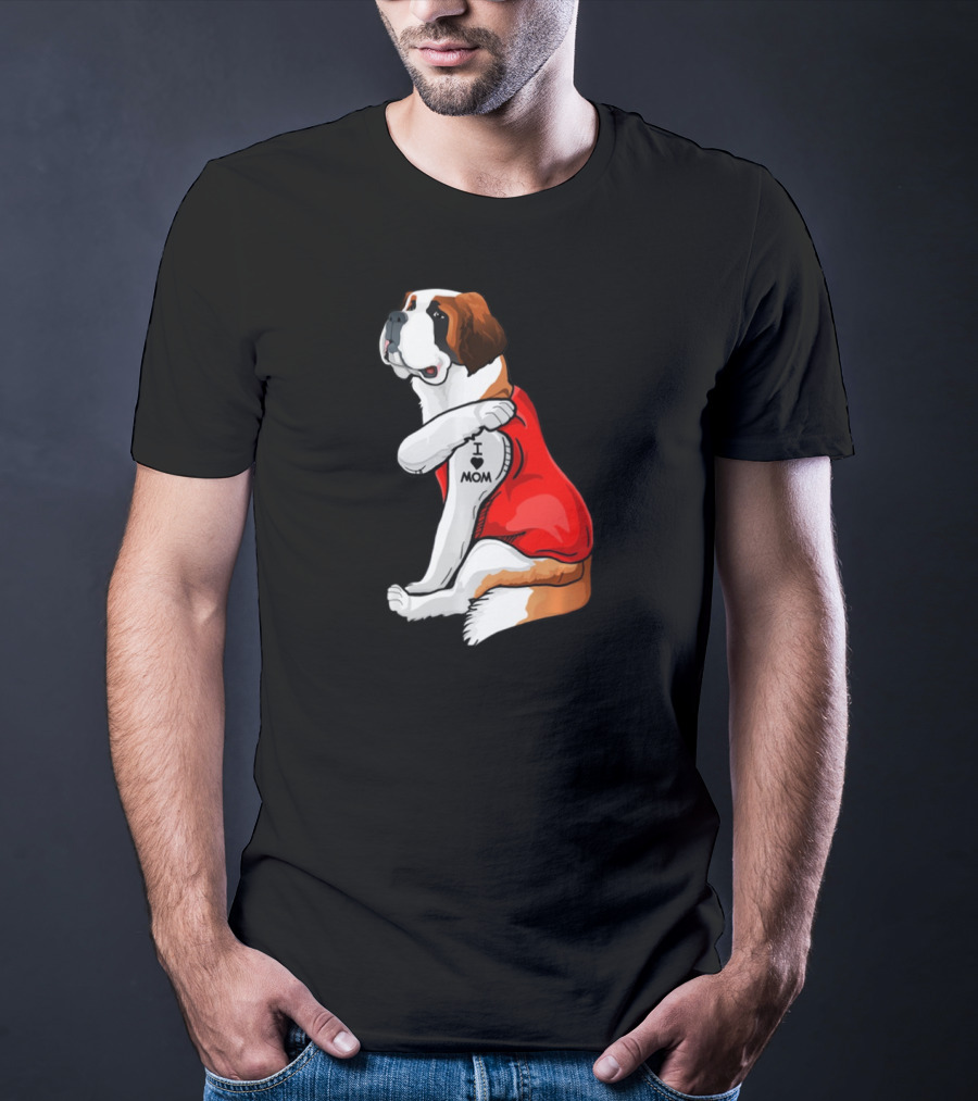 St Bernard Dog I Love Mom Tattoo Heart Red Top T-Shirt