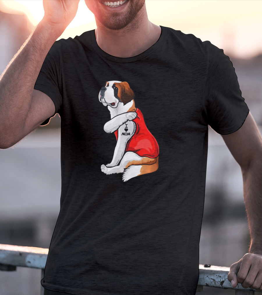 St Bernard Dog I Love Mom Tattoo Heart Red Top T-Shirt