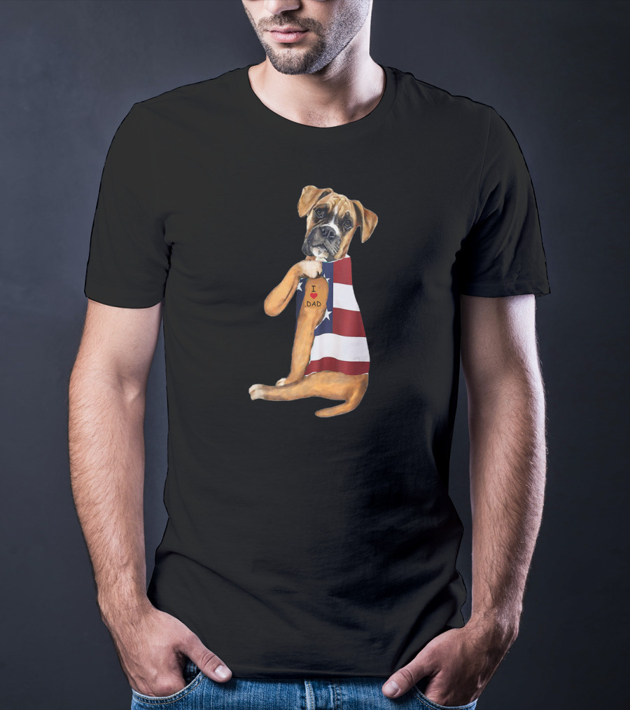 Boxer Dog I Love Dad American Flag T-Shirt