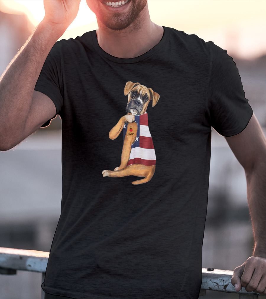 Boxer Dog I Love Dad American Flag T-Shirt